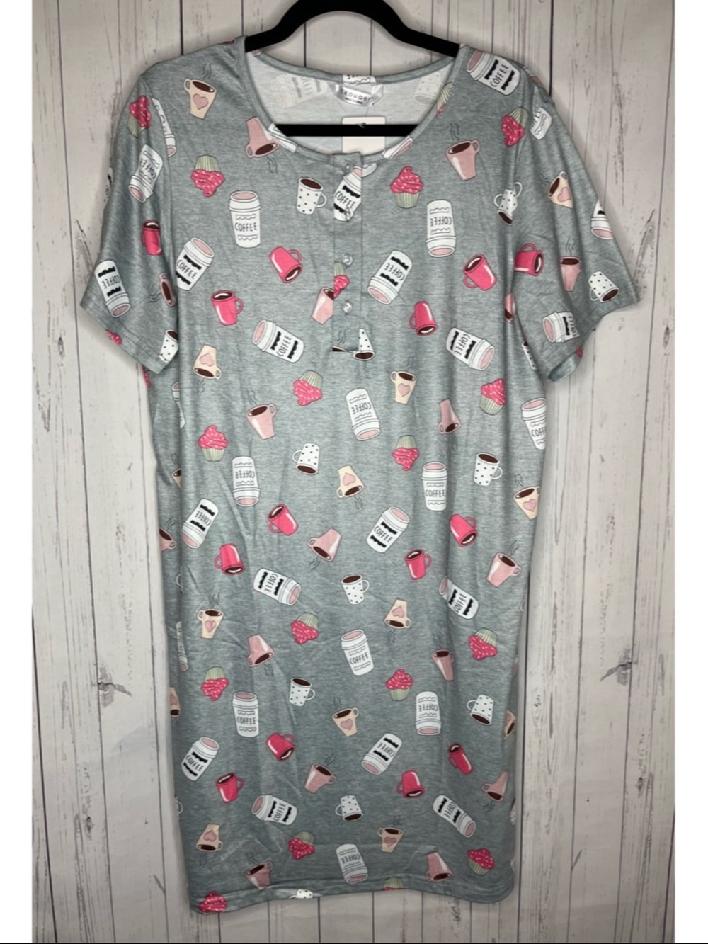 Ekouaer Women’s Size Small Gray Sleep Shirt Nightgown Coffee Print Short Sleeve